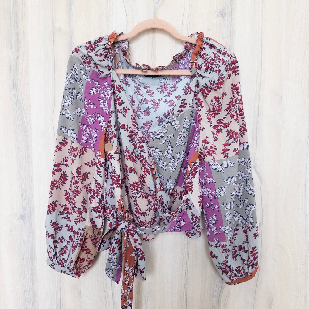 Milk & Honey Womens Patchwork Wrap Blouse Large Multicolor Floral Boho Cottage